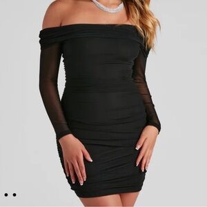 Black Mesh Off the Shoulder Long Sleeve Bodycon Mini Dress